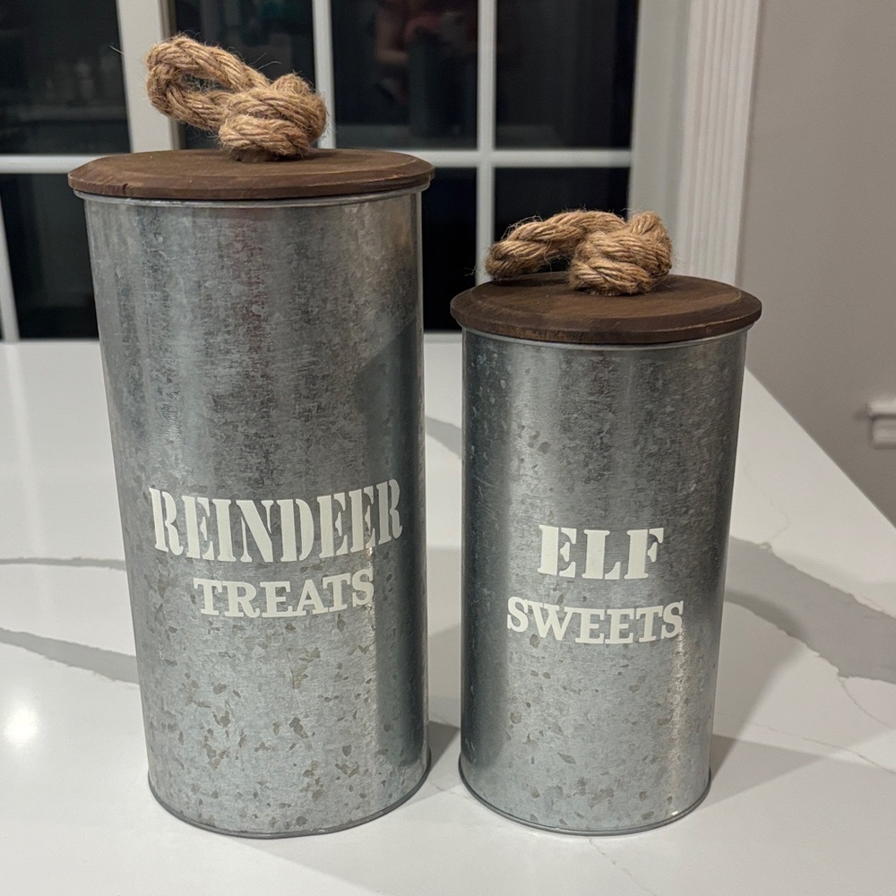 Kirklands Silver Canister Set w Wood Lids w Rope Handles… Lg. 10x5 & Sm. 8x4 In.